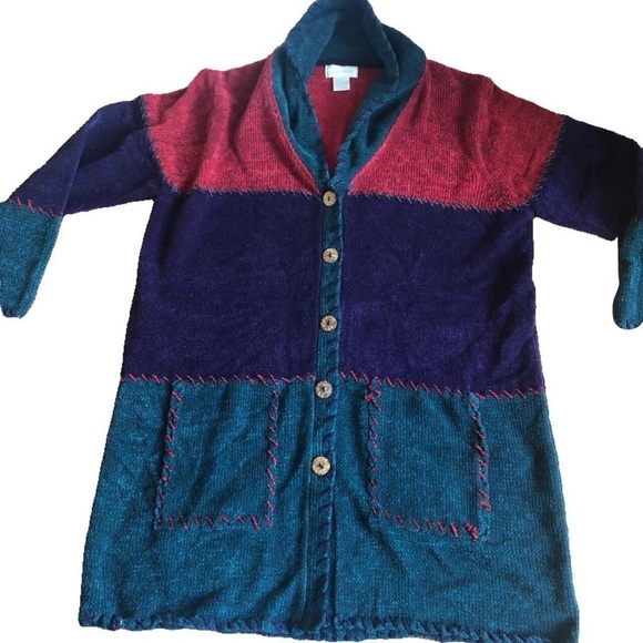 Studio Works Sweaters - Vintage 90s Studio Works Patchwork Stitch Longline Chenille Knit Cardigan